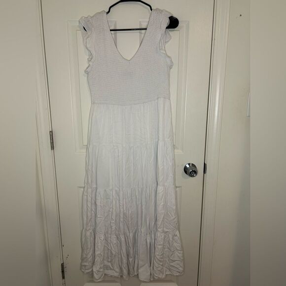 Women's White Summer Flowy Maxi Dress Casual Cap Sleeve V Neck - Large (12-14) - Picture 2 of 5